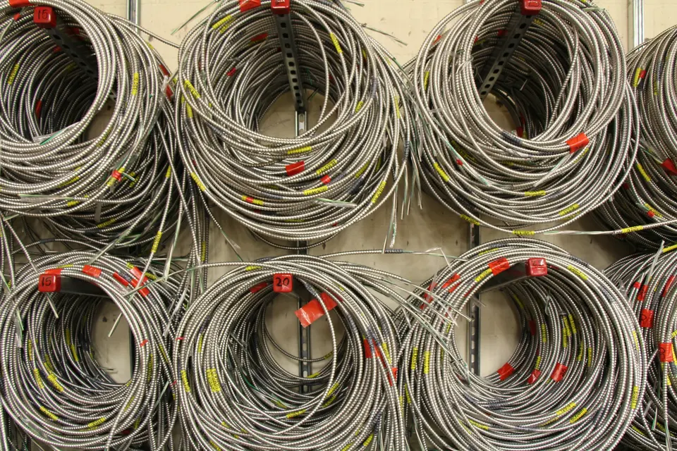 Coils of grey network cable hanging on a wall