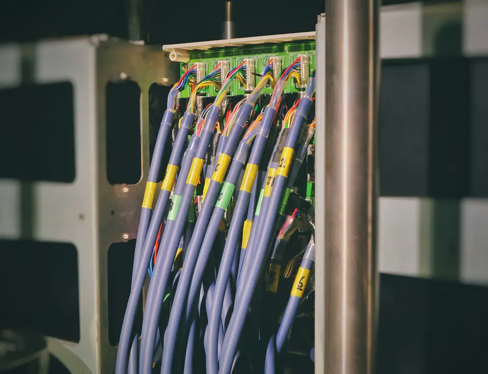 A loom of labelled patch cables running into a rack