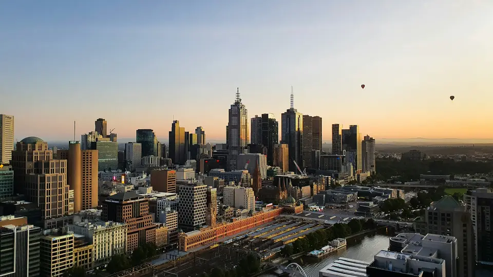 Melbourne city centre from above at sunrise